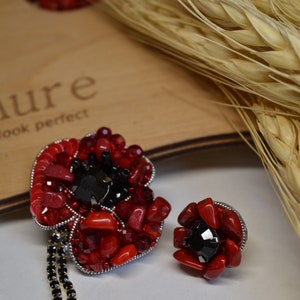Red poppy beaded earrings for women natural stone earrings Red Black jewelry Red poppy flower earrings  coral poppygift for wife for her