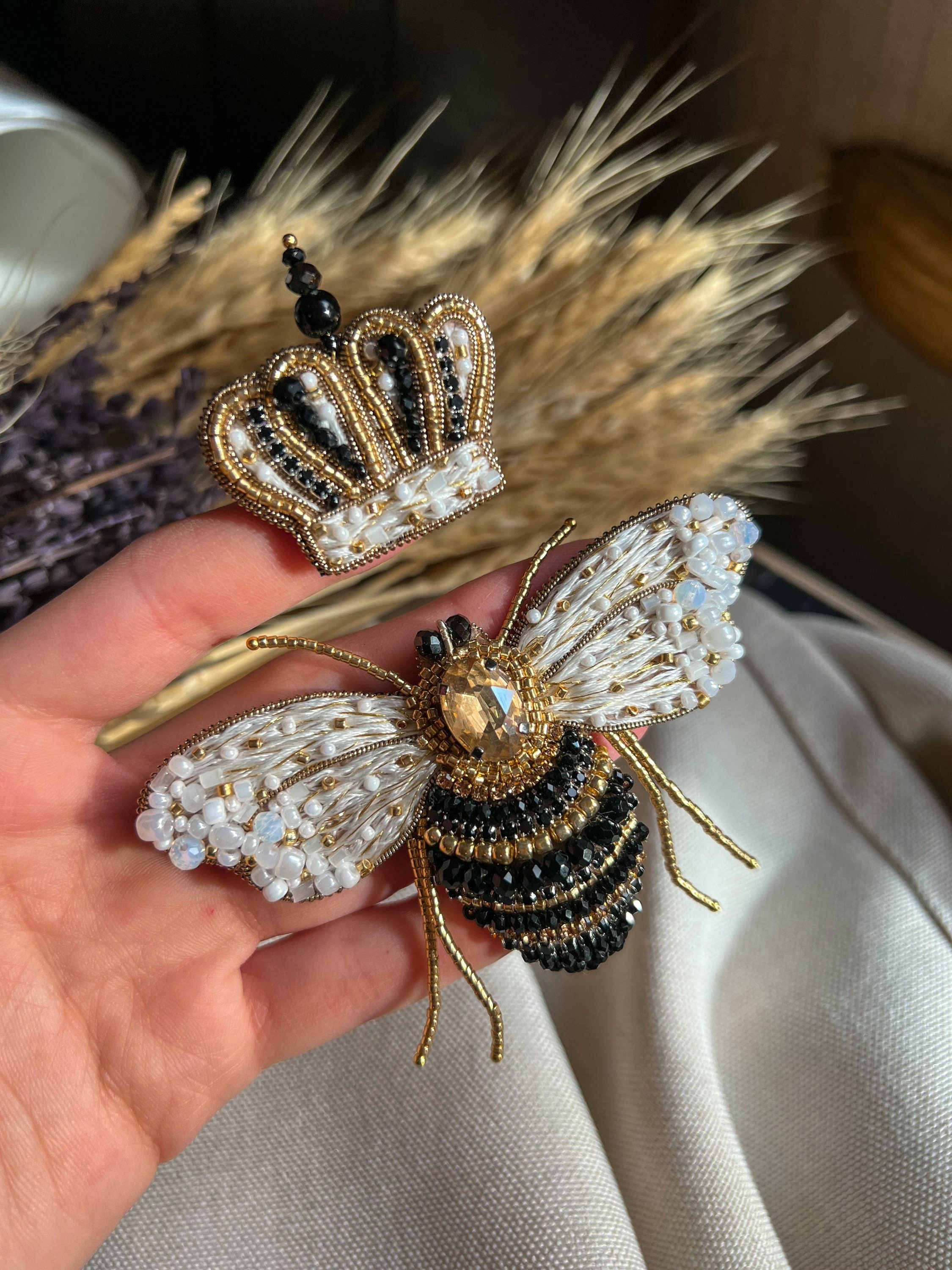 Queen Bee Symbol of Powerful Women Strength golden Gift for Her Beaded Brooch Embroidery Pin Handmade Luxury Brooches for Special Woman Etsy