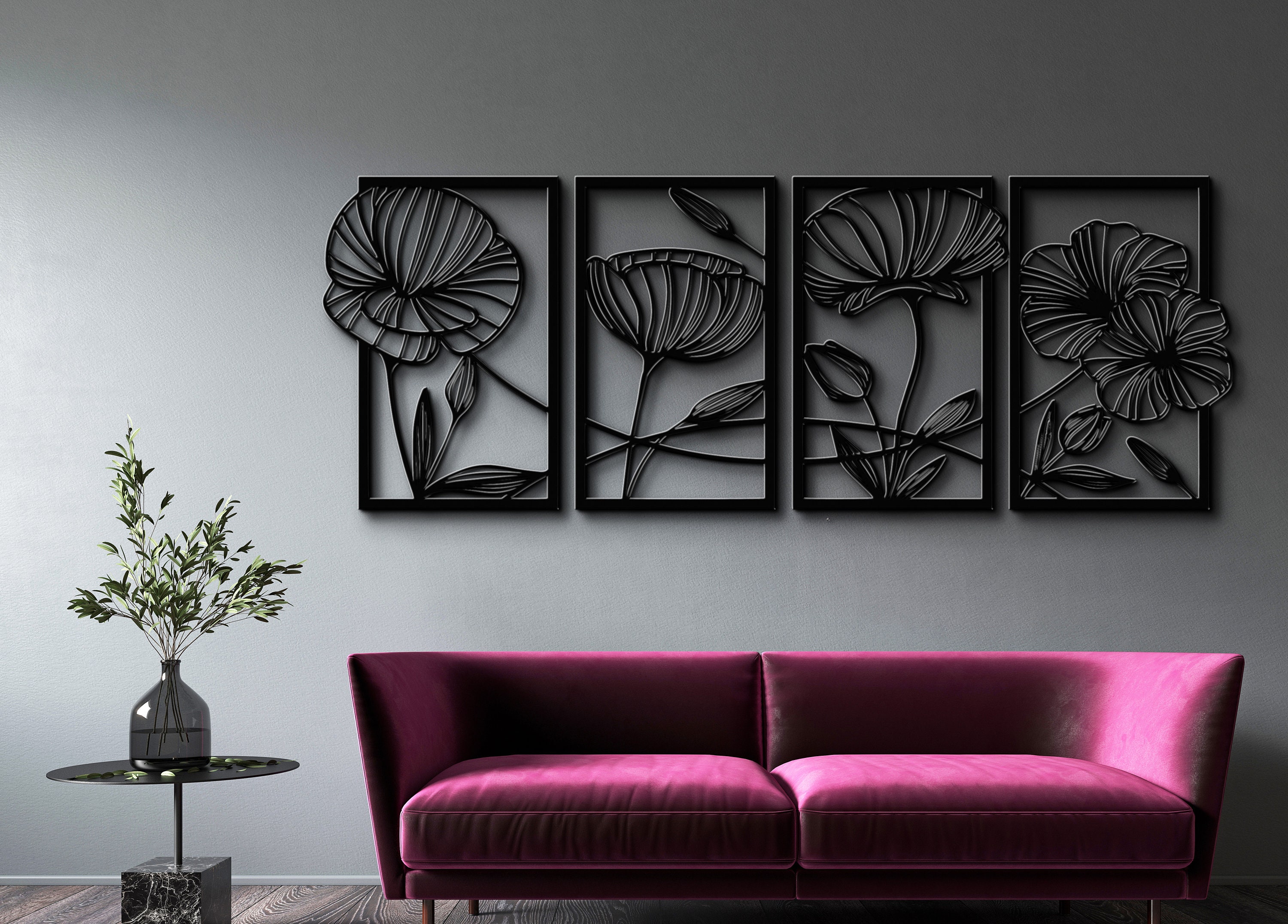 Metal Flower Wall Artpoppy Flowers 4 Panels4 Pieces Wall Etsy