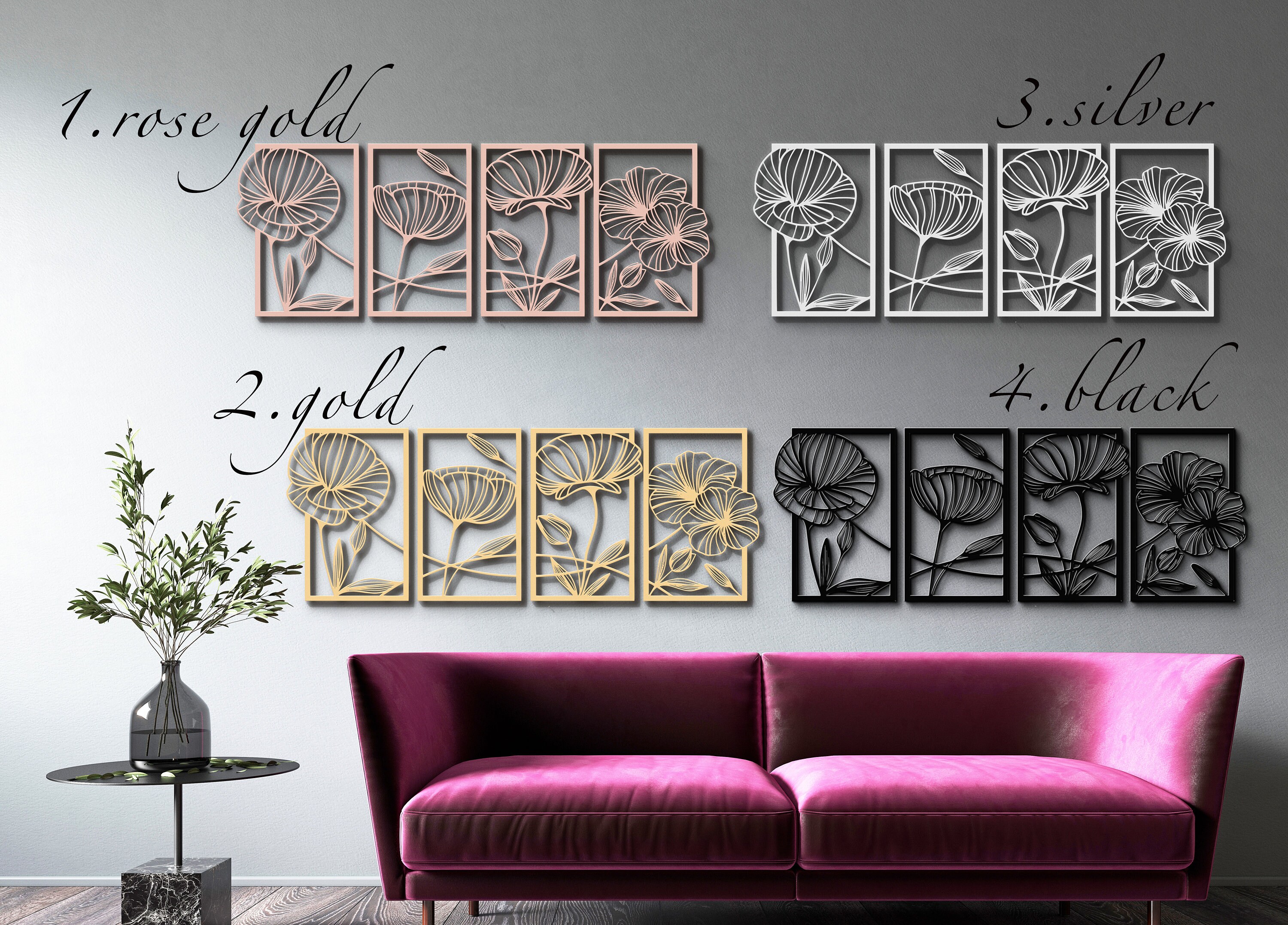 Metal Flower Wall Artpoppy Flowers 4 Panels4 Pieces Wall Etsy