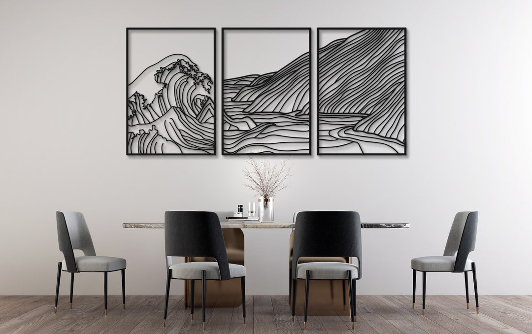 Wave Metal Wall Decor, Set of 3 Mountain Wave Metal Wall Art, Metal