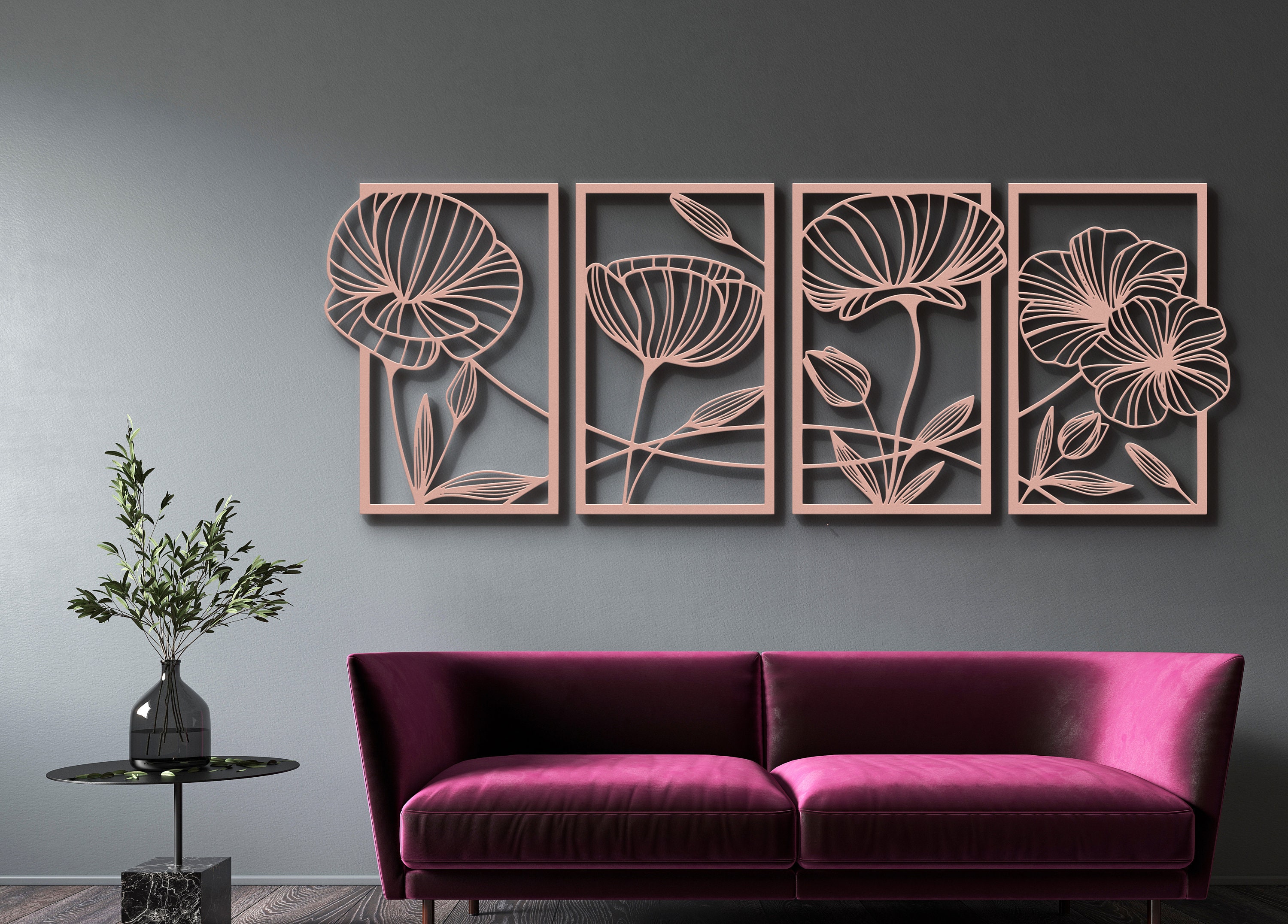 Metal Flower Wall Artpoppy Flowers 4 Panels4 Pieces Wall Etsy
