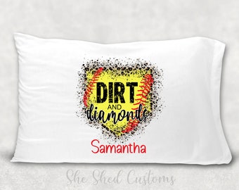 SOFTBALL Pillowcase - Personalize with a NAME - Standard or Toddler / Travel Size - Dirt and Diamonds