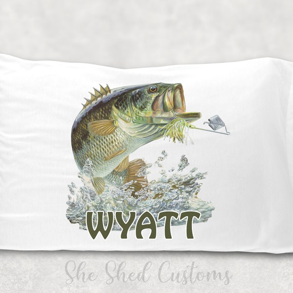 Custom BASS FISH Pillowcase - Personalized with a NAME - Standard or Toddler / Travel Size - Fishing