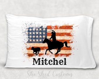 Custom CALF ROPER Pillowcase - Personalized with a NAME - Standard or Toddler / Travel Size - Rodeo - Flag