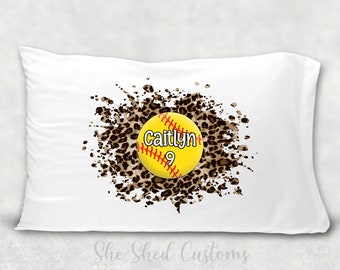 SOFTBALL Pillowcase - Personalize with a NAME - Standard or Toddler / Travel Size - LEOPARD Background