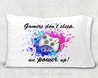 Custom GAMER Pillowcase - Personalized with a NAME - Standard or Toddler / Travel Size - Video Game Player - Turquoise and Pink Splatter