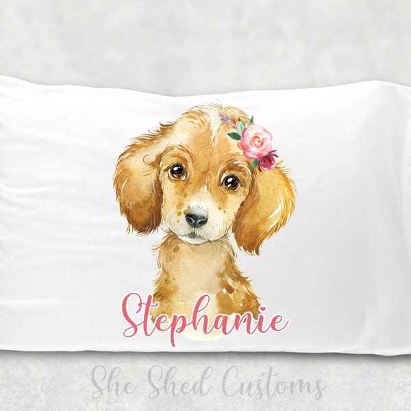 Custom GIRL PUPPY DOG Pillowcase - Standard or Toddler / Travel Size - Personalized with a Name