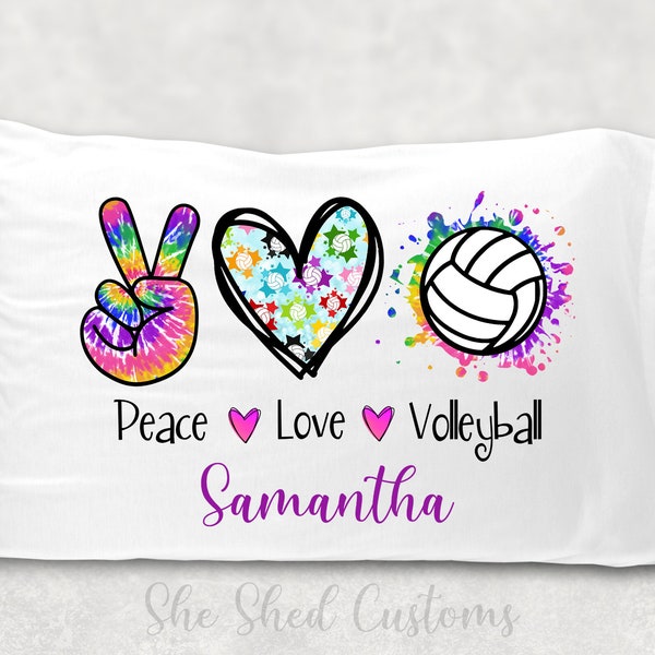 VOLLEYBALL Pillowcase - Personalized with a NAME - Standard or Toddler / Travel Size - Custom Peace Love Volleyball