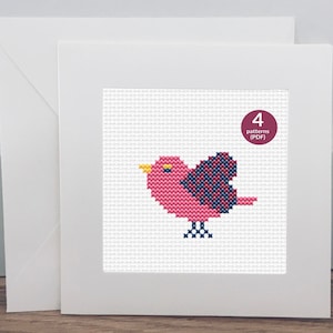 4 Mini Vogel Kreuzstichmuster für Anfänger in verschiedenen Farbkombinationen