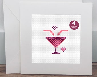 Cocktail Cross Stitch Pattern – Set of 4 Small Cocktail Drink Cross Stitch Patterns for Beginners
