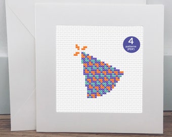 Birthday Party Hat Cross Stitch Pattern, 4 Birthday Caps for DIY Birthday Cards