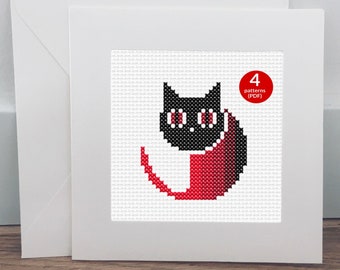 4 Small Cat Cross Stitch Patterns in Different Color Combinations for Homemade Cat Cards and More