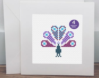 4 Modern Peacock Cross Stitch Patterns, Small Cross Stitch Animals