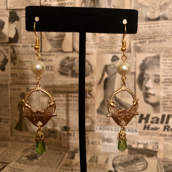 Handmade by Rose, Art Nouveau Style Gold Lilly Flower Vintage Faux Pearl and Peridot Drop Earrings