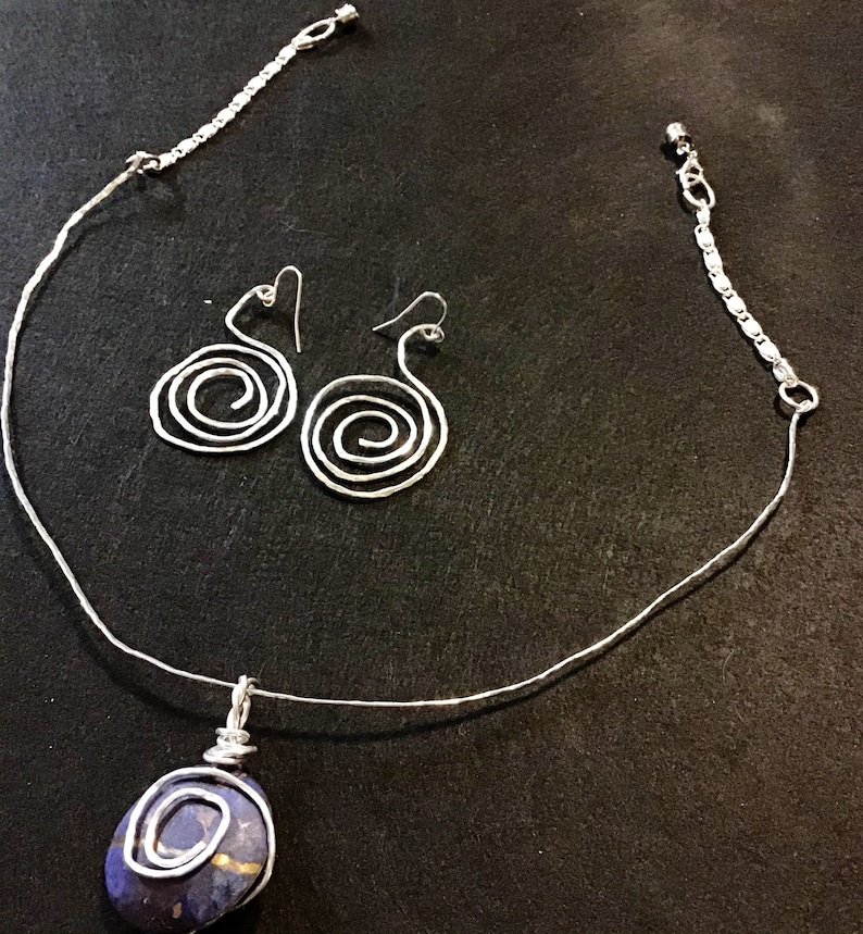 tarnish resistant spiral Hammered silver aluminum wire earrings and necklace set