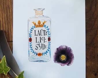 Laudanum Apothecary Poison Bottle and Opium Poppy Watercolour Print
