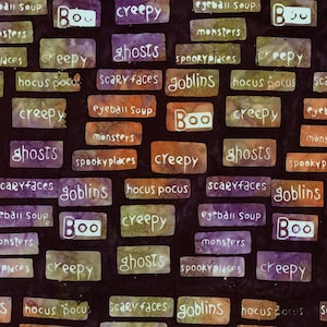 May include: A dark background with rectangular blocks in shades of purple, orange, and green. Each block contains a word in white, such as "creepy," "ghosts," "goblins," and "Boo." The words are arranged in a repeating pattern.