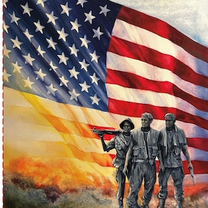 May include: An artistic painting depicts three figures in military attire standing before a large American flag. The flag's red and white stripes and blue field with stars are prominently displayed. The figures are holding weapons.