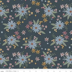 May include: Dark teal fabric with a repeating floral pattern. The design features clusters of blue, pink, and yellow flowers with green leaves. The flowers are arranged on a dark teal background. The fabric is marked with the text "Riley Blake 2 Designs".