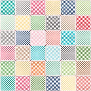 May include: A colorful patchwork design featuring a grid of gingham squares in various pastel colors, including blue, pink, green, and yellow. The squares are bordered by dotted lines. Text at the top and bottom of the image.