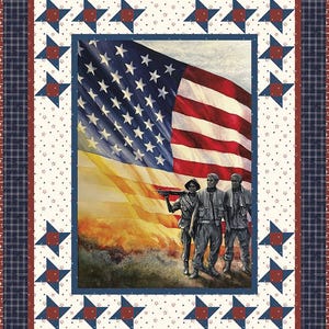 May include: A patriotic quilt featuring an American flag and a depiction of soldiers. The quilt has a blue and red border with star patterns and a white background with small stars. The central image shows the flag and soldiers.