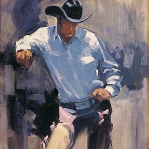May include: Oil painting of a cowboy in a black hat and light blue shirt, leaning against a fence. The artwork uses a palette of blues, whites, and browns, with visible brushstrokes. The cowboy is wearing a black belt and dark pants.
