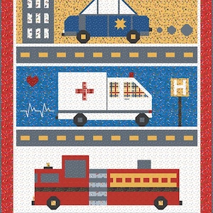 Save The Day Boxed Quilt Kit by Riley Blake Designs. Includes It Takes a Village fabric - featuring a police car, ambulance, and fire truck