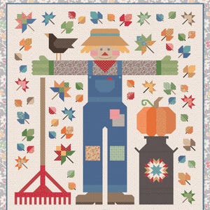 May include: A quilted scarecrow pattern with a patchwork design. The scarecrow is wearing overalls and a straw hat. The pattern includes a pumpkin, a milk jug, a rake, and fall leaves. The text "The Quilted Scarecrow" is at the top of the pattern. The text "Designed by Lori Holt" is at the bottom left of the pattern. The text "Bee in my Bonnet Co." is at the bottom right of the pattern.