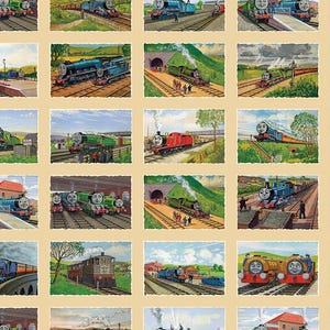 May include: A repeating pattern of vintage-style illustrations of smiling cartoon trains on a tan background. Each image features a different train in a landscape setting, with details like tunnels, tracks, and trees.