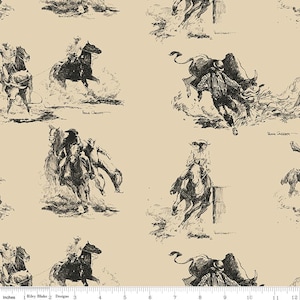 BACK of the CHUTES - C10130 Parchment - by Hugh Cabot for Riley Blake Designs. Western rodeo sketched scenes **Sold in 1/2 yard cuts**