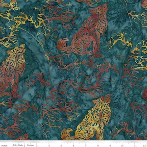 May include: Fabric with a teal background featuring stylized wolves and branch-like patterns in shades of gold and rust. The wolves are depicted in a howling pose. The fabric is approximately 12 inches wide.