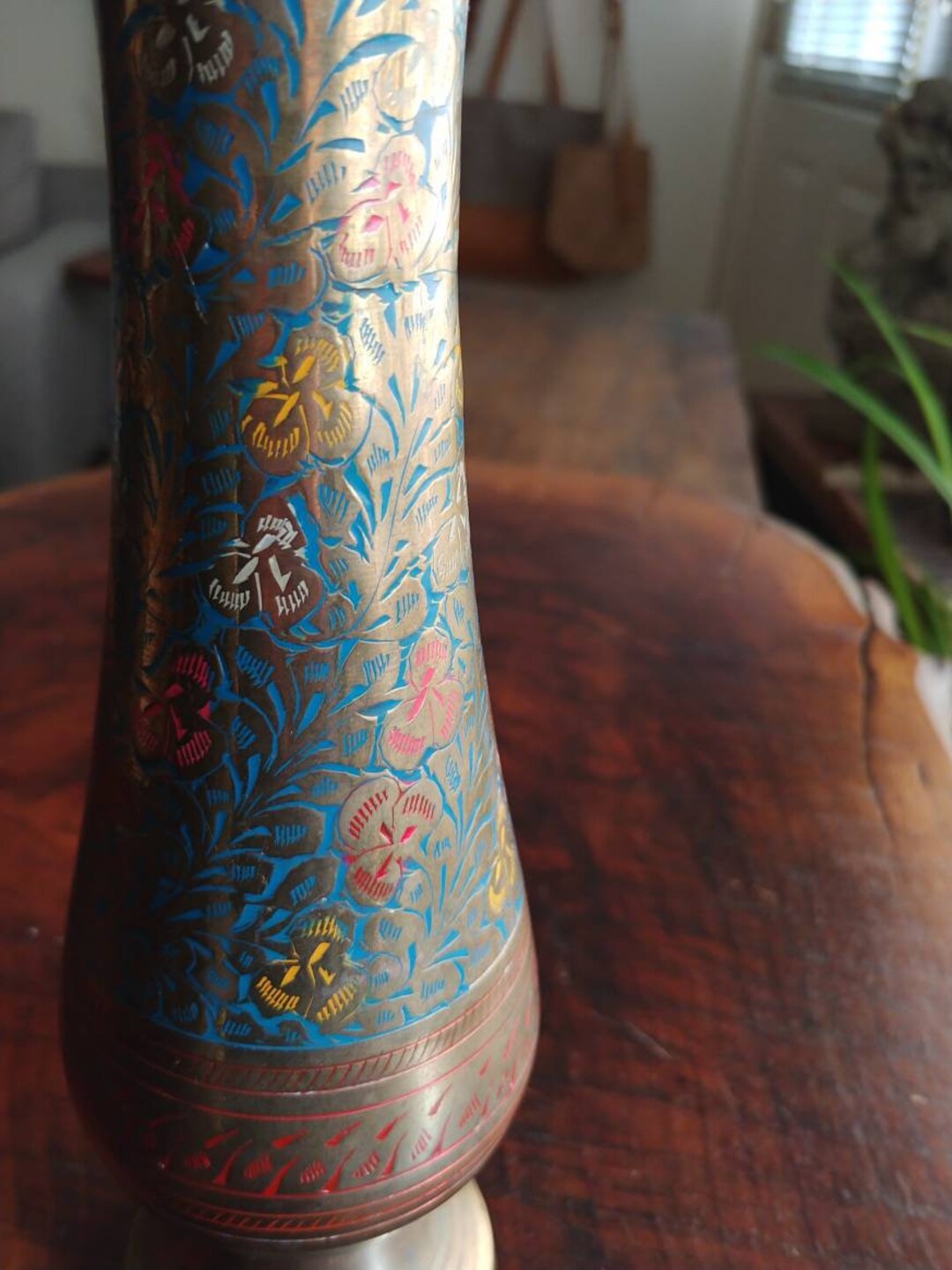 Tall Enameled Brass Vase Made in India Etsy
