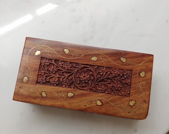 Carved wood and brass inlay desk organizer