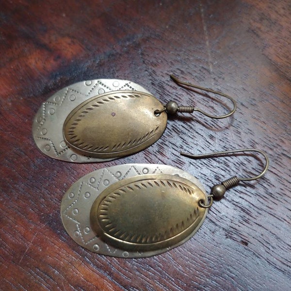 Handmade vintage lightweight layered stamped mixed metal earrings