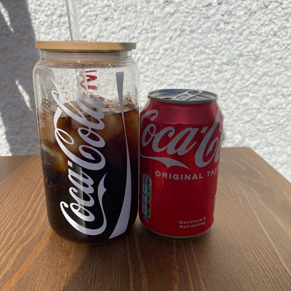 Coca-cola pop fizzy drink inspired design glass with bamboo lid and straw