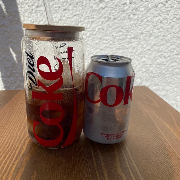 Diet Coke pop fizzy drink inspired design glass with bamboo lid and straw