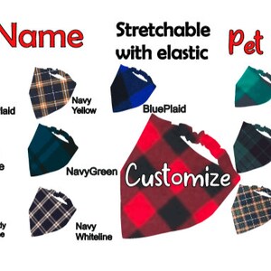 May include: A collection of colorful plaid and patterned pet bandanas with the text "Pet Name" and "Stretchable with elastic Pet Bandanas" above the bandanas. The bandanas are arranged in rows of three, with each row featuring a different color scheme. The bandanas are made of soft, comfortable fabric and are perfect for adding a touch of personality to your pet's look.
