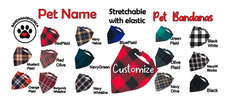 May include: A collection of colorful plaid and patterned pet bandanas with the text "Pet Name" and "Stretchable with elastic Pet Bandanas" above the bandanas. The bandanas are arranged in rows of three, with each row featuring a different color scheme. The bandanas are made of soft, comfortable fabric and are perfect for adding a touch of personality to your pet's look.