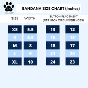 May include: A chart showing bandana sizes in inches for dogs. The chart includes the size, width, and button placement for each size. The sizes are XS, S, M, L, and XL.