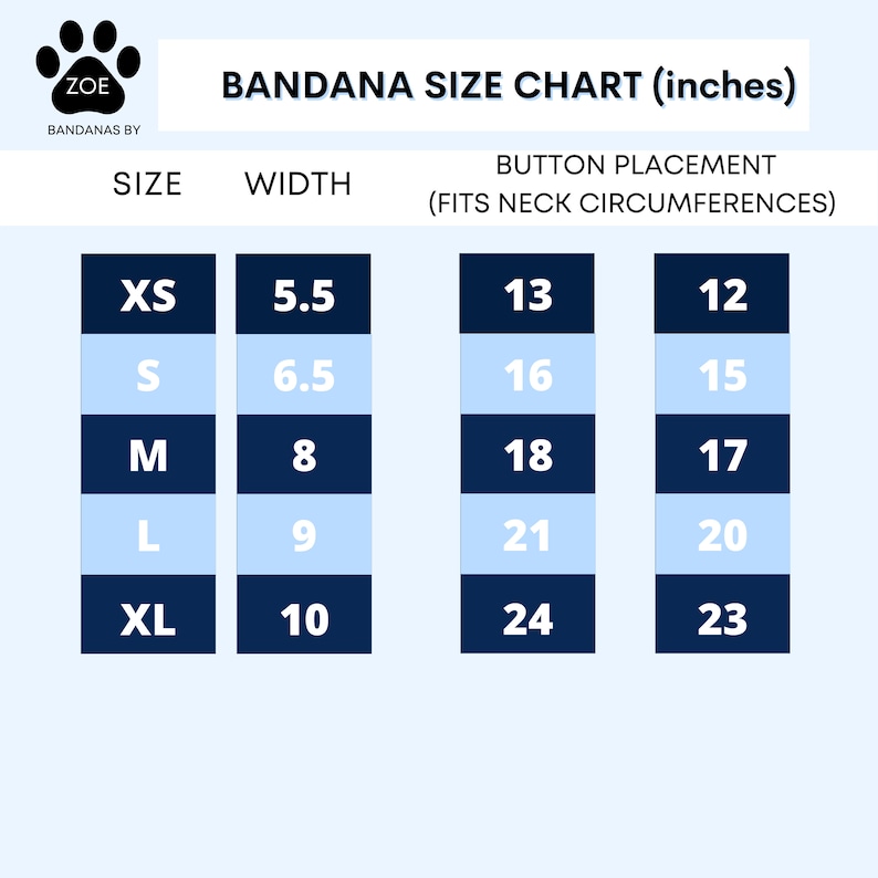 May include: A chart showing bandana sizes in inches for dogs. The chart includes the size, width, and button placement for each size. The sizes are XS, S, M, L, and XL.