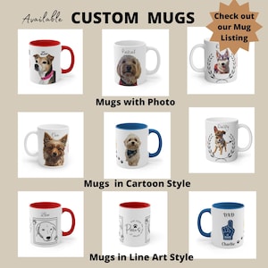 May include: Nine different custom mugs with various designs. The mugs are white with a red, blue, or black rim. Some mugs feature photos of dogs, while others have cartoon or line art designs. The text on the mugs includes names like "Zoe", "Pascal", "Daisy", "Ben", "Cace", and "Charlie".
