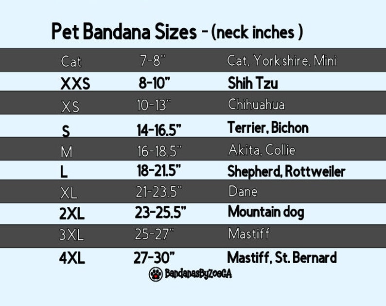 May include: A chart showing pet bandana sizes in inches for different dog breeds, including Shih Tzu, Chihuahua, Terrier, Bichon, Akita, Collie, Shepherd, Rottweiler, Dane, Mountain dog, and Mastiff.