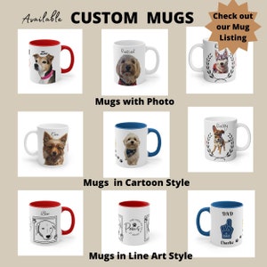 May include: Nine different custom mugs with various designs. The mugs are white with a red, blue, or black rim. Some mugs feature photos of dogs, while others have cartoon or line art designs. The text on the mugs includes names like "Zoe", "Pascal", "Daisy", "Ben", "Cace", and "Charlie".
