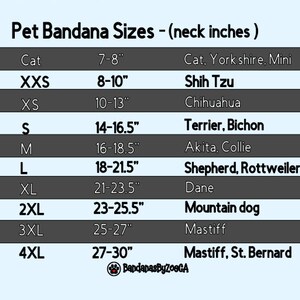 May include: A chart showing pet bandana sizes in inches for different dog breeds, including Shih Tzu, Chihuahua, Terrier, Bichon, Akita, Collie, Shepherd, Rottweiler, Dane, Mountain dog, and Mastiff.