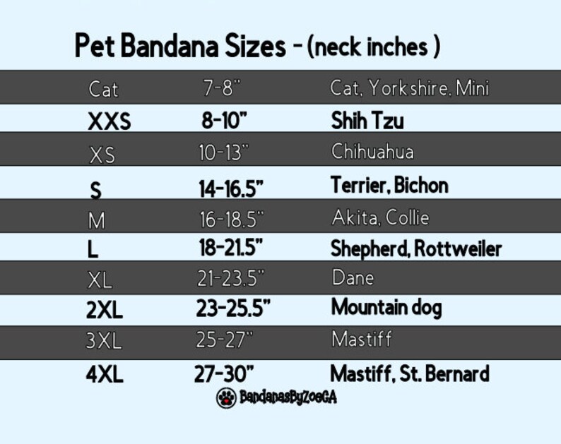 May include: A chart showing pet bandana sizes in inches for different dog breeds, including Shih Tzu, Chihuahua, Terrier, Bichon, Akita, Collie, Shepherd, Rottweiler, Dane, Mountain dog, and Mastiff.