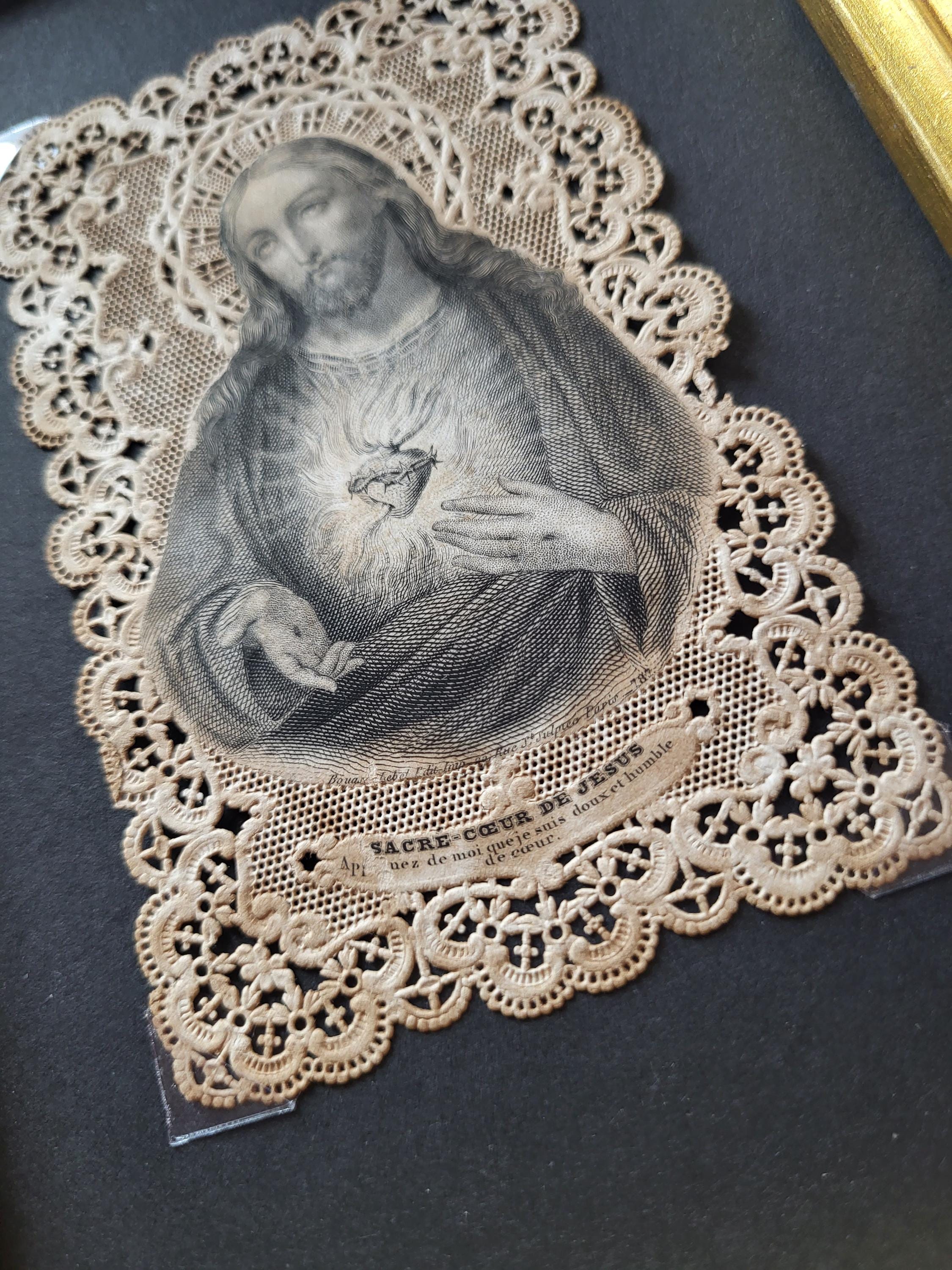 Vintage Golden Frame With Lace Cut Prayer Card - Sacred Heart of Jesus ...