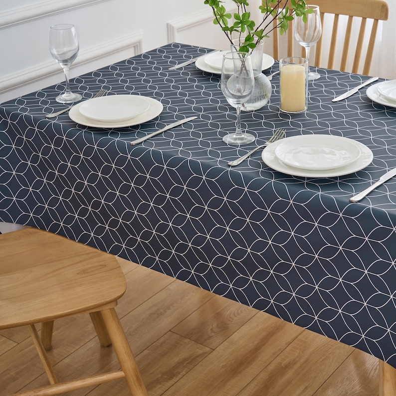 Navy Blue Geo Flow PVC Tablecloth: Wipe Clean Vinyl Table Cover image 6