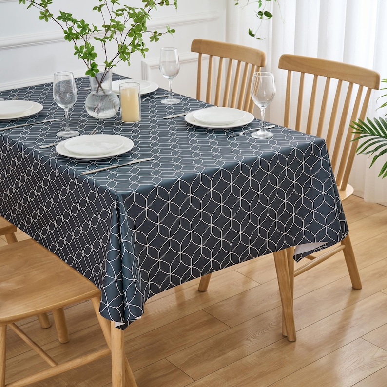 Navy Blue Geo Flow PVC Tablecloth: Wipe Clean Vinyl Table Cover image 4