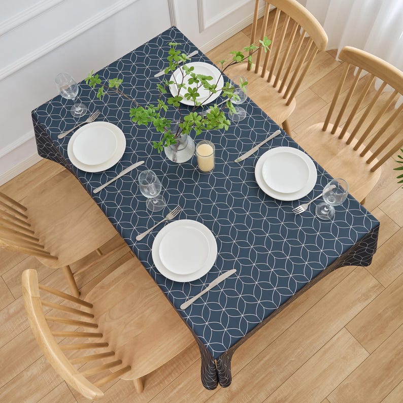 Navy Blue Geo Flow PVC Tablecloth: Wipe Clean Vinyl Table Cover image 8